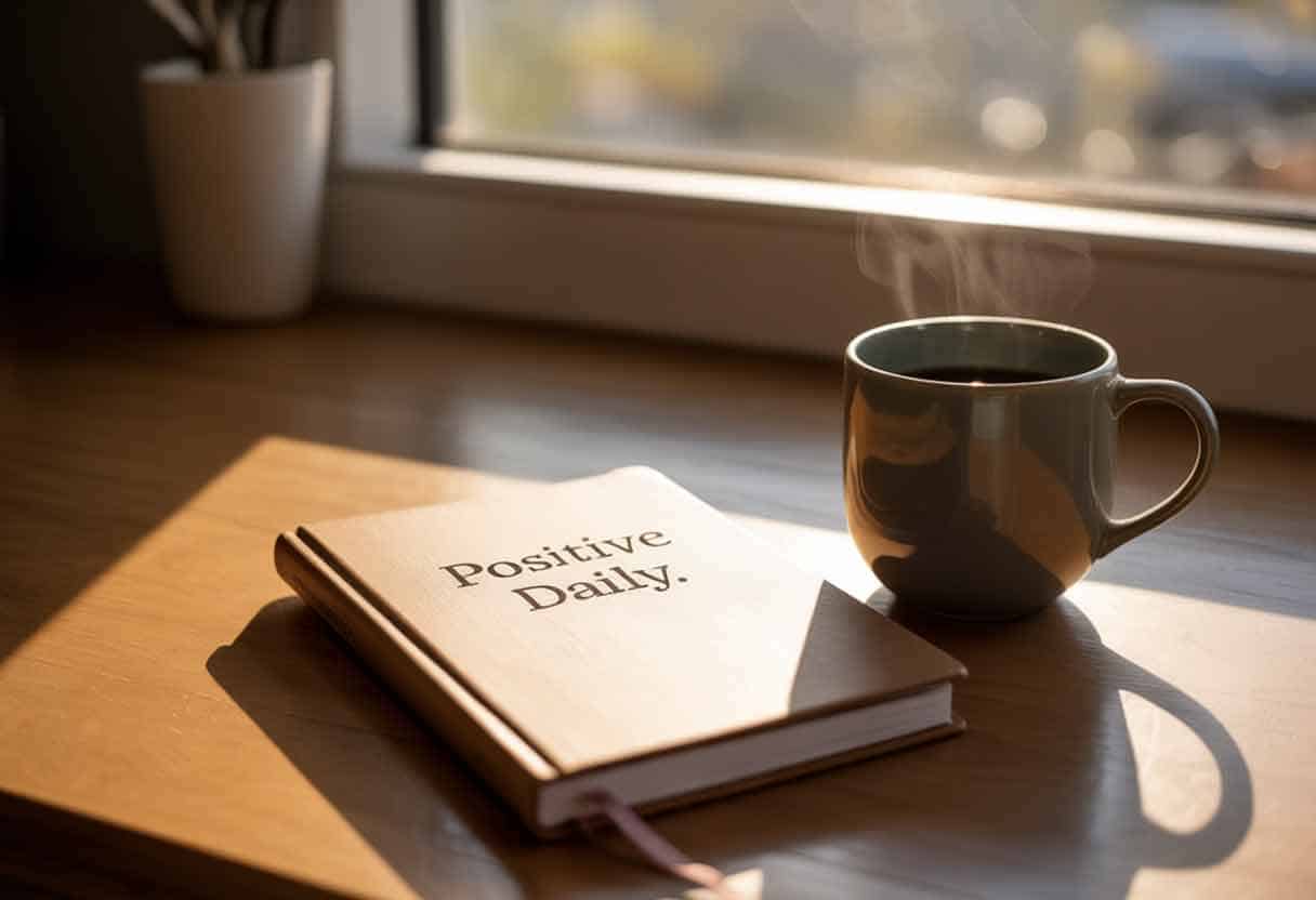 Coffee mug beside an open journal titled “Positive Daily” with morning light shining through a window.