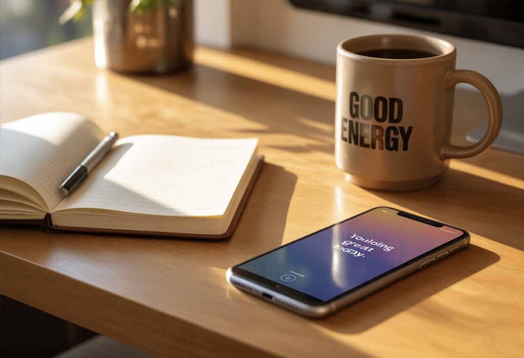 Phone with message “You’re doing great today” beside a coffee mug labeled Good Energy and an open notebook in morning sunlight.