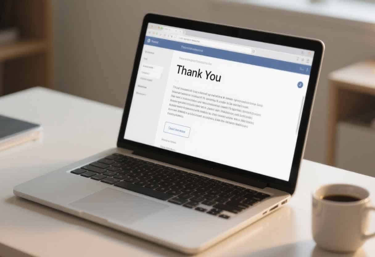 Laptop screen showing a job interview thank-you email draft with the subject line “Thank You.”
