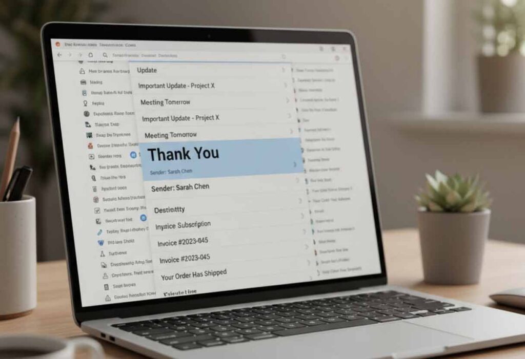 Crowded email inbox with one bold “Thank You” email standing out.