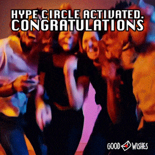 Friends dancing wildly in a hype circle to celebrate a big congratulations moment gif