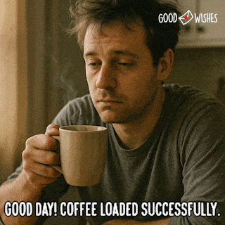 Sleepy person sipping coffee then instantly widening their eyes with sudden energized shock gif