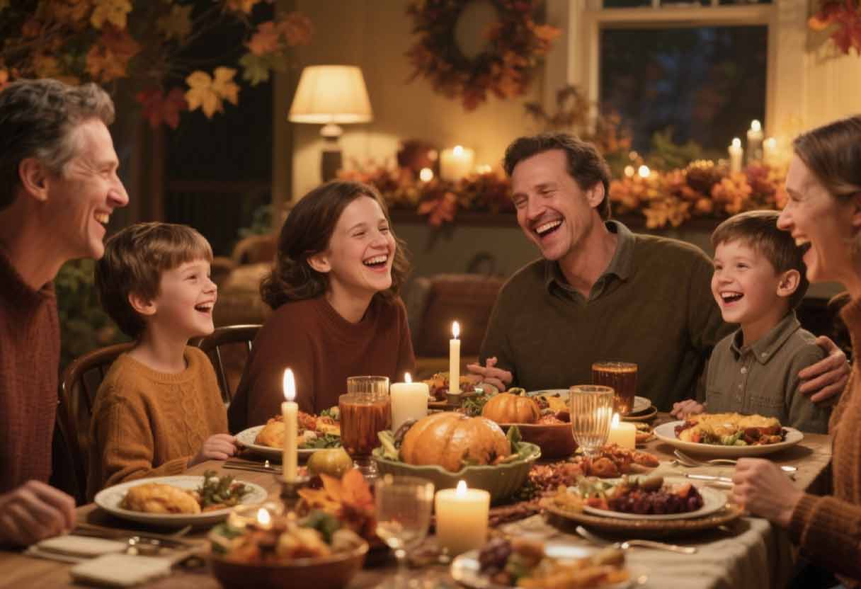 Family mid‑laugh around a dinner table.