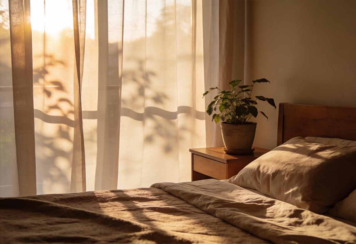 Soft sunrise light coming through sheer curtains, creating a warm and emotional morning mood.