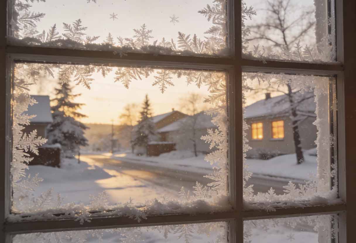 Quiet snowy street at sunrise, soft glow on rooftops and trees.